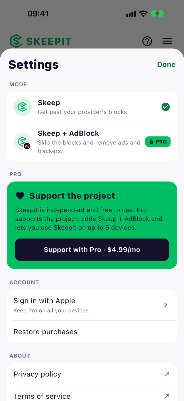Skeepit settings with Skeep and Skeep + AdBlock modes